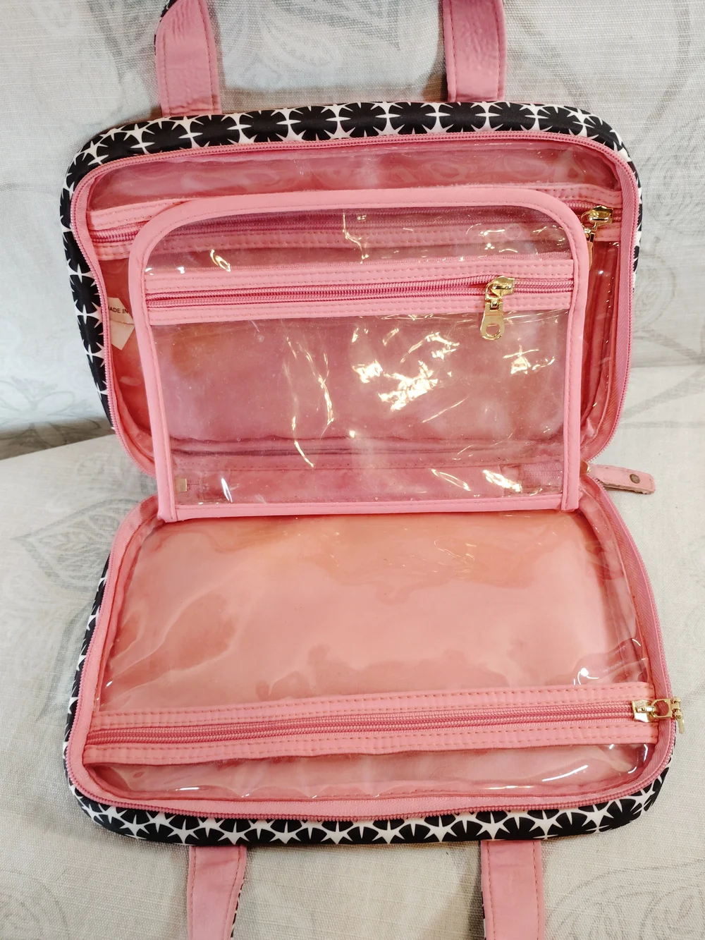 Elle Black and White Floral Cosmetic Case with Pink Trim